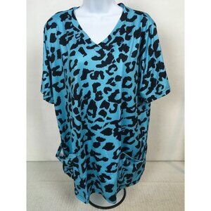 Denater Scrub Top Women Size 2XL Blue Black Short Sleeves V neck Pockets